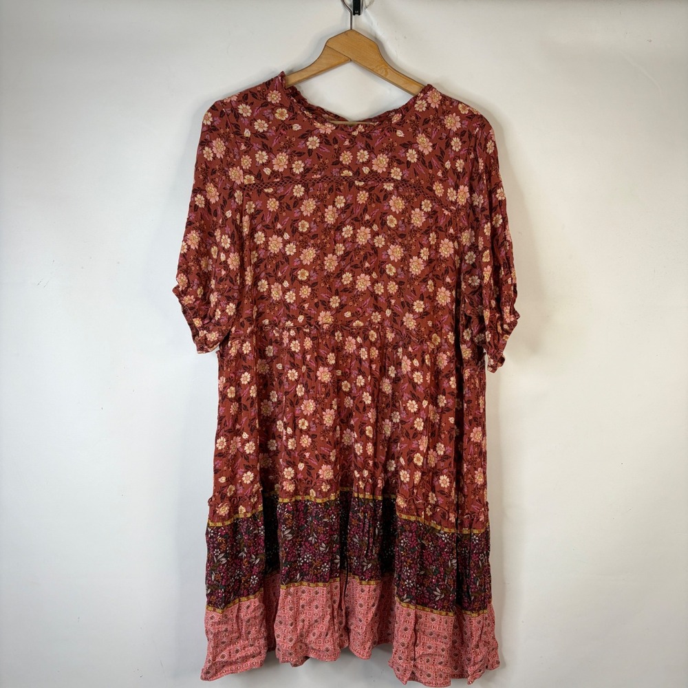 Knox Rose Floral Mini Dress Womens XXL Rust Tiered Boho Babydoll Short Sleeve